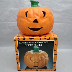 Vintage Halloween‎ Earthenware Pumpkin Jack o' Lantern Candle Tea Light Holder